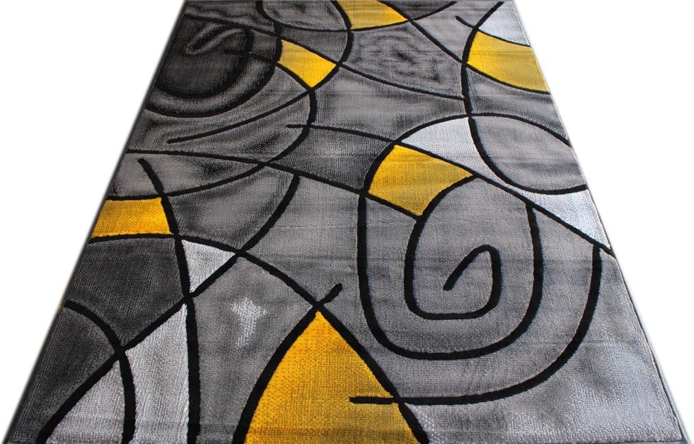 Modern Contemporary Area Rug, Yellow Grey Black (5 Feet X 7 Feet)