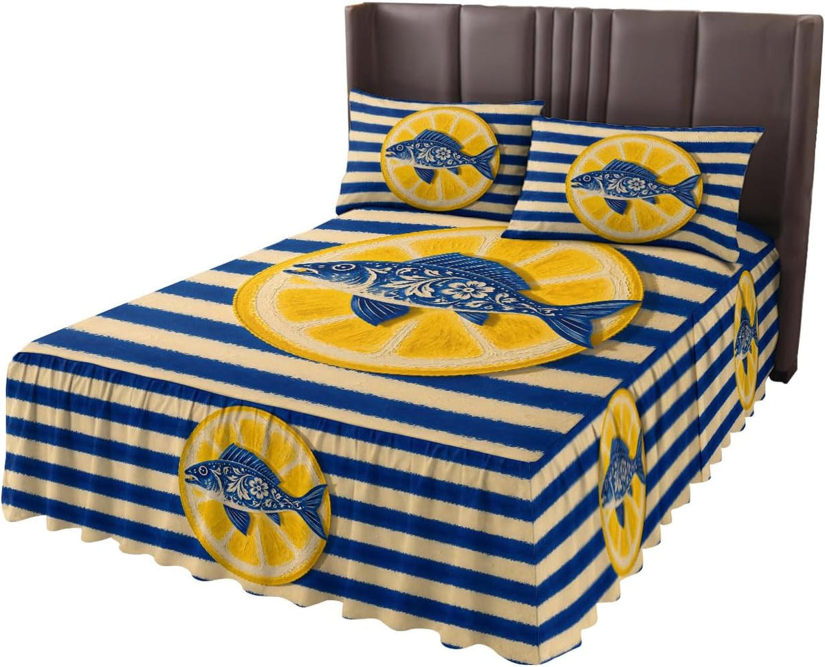Ruffle Bed Skirt Full, Blue Fish Yellow Lemon Soft Microfiber Fitted Bedding Sheet Bedskirt 18 Inch Drop, Blue White Striped Elastic Wrap Around Bed Skirt Pillowcases Set