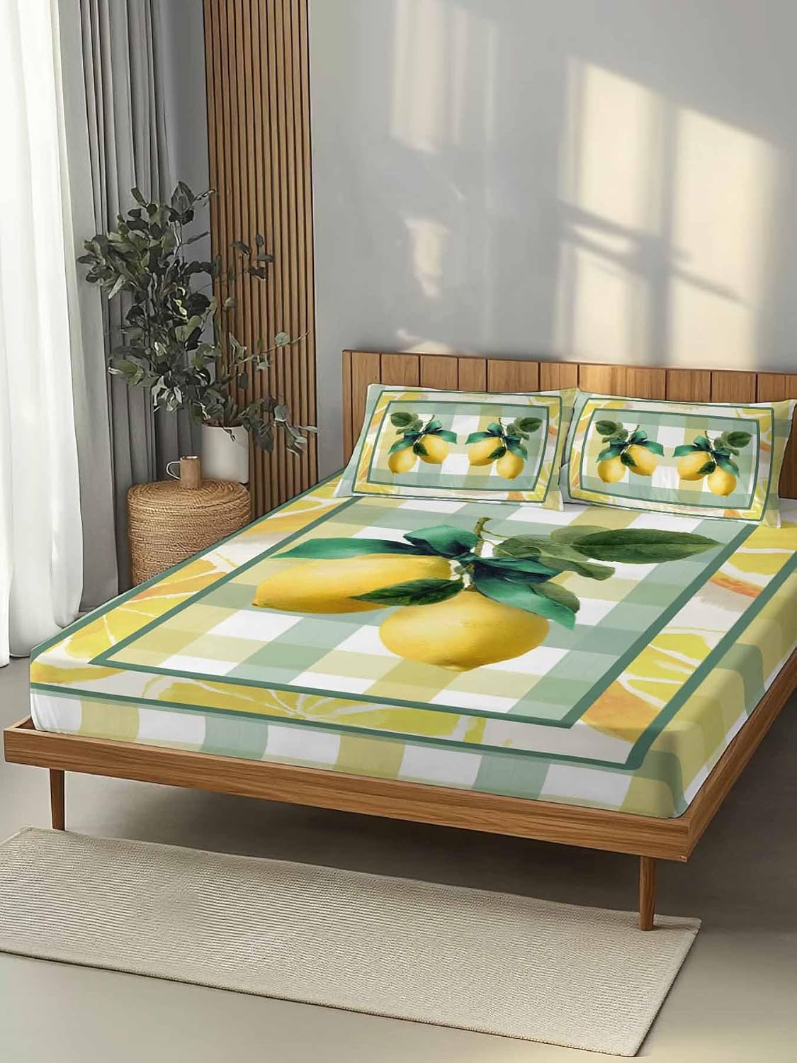 Twin Sze Fitted Sheet Set - Lemon 2 Piece Bedding Sets 16" Deep Pocket Fitted Sheet with 1 Pillowcase, Botanical Fruit Leaves Bow Yellow Green Striped Brushed Microfiber Hotel Luxury Bed Sheets