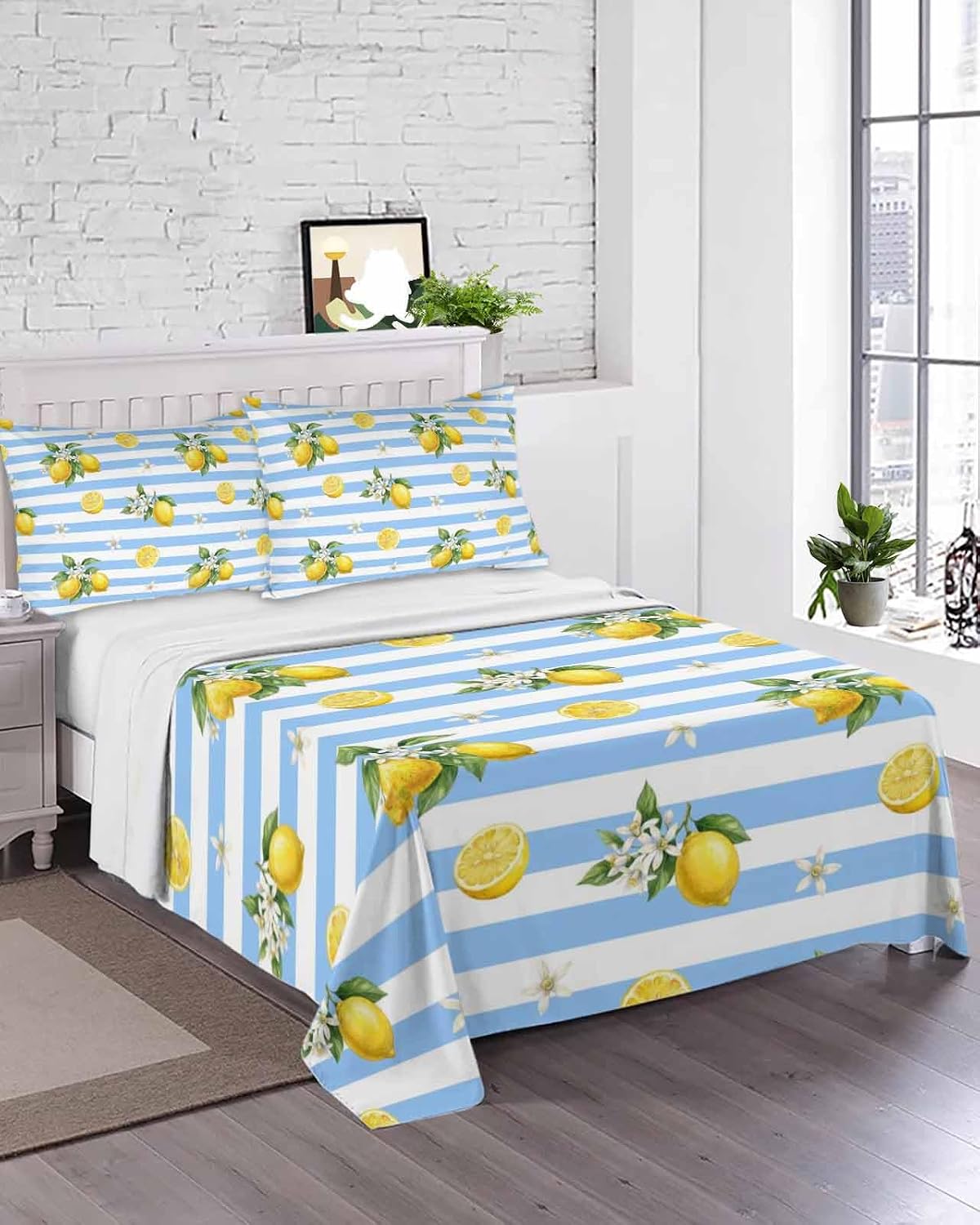 Queen Size Top Sheet Only, Summer Lemon Flower Leaf Flat Sheet Microfiber Breathable Soft Bed Sheets, Yellow Fruit Blue White Stripe Hotel Bedding Flat Sheets for Bedroom