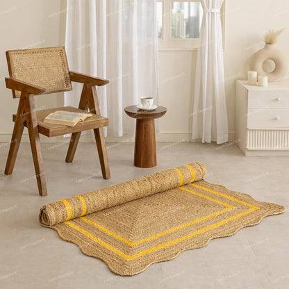 Natural Jute Wave Scalloped Area Rug 2x12 Ft - Yellow Runner Stripe Rugs for Home & Kitchen, Handmade Carpet, Natural Jute Hallway Large Rectangular Area Rug