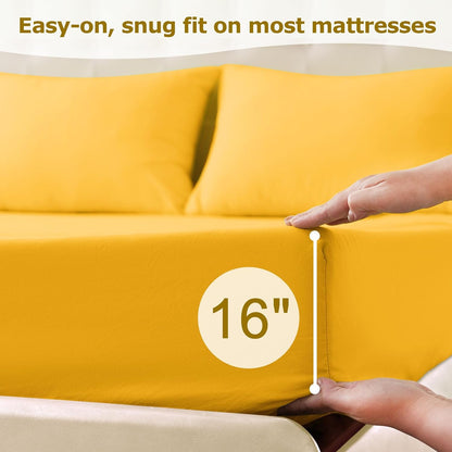 King Size Bed Sheet Set - 4 Piece Soft Microfiber Sheets with Deep Pockets, Cooling Technology, and Wrinkle-Free Pillowcase. Hotel-Quality, Durable Bedding, Spectra Yellow