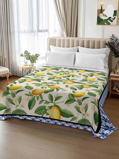 Flat Sheet, 1 Piece Top Sheet Twin Size Yellow Lemon Leaves Soft Breathable Bed Sheet Floral Blue Brushed Microfiber Bed Sheet, Wrinkle Resistant, Fade Resistant Bedding