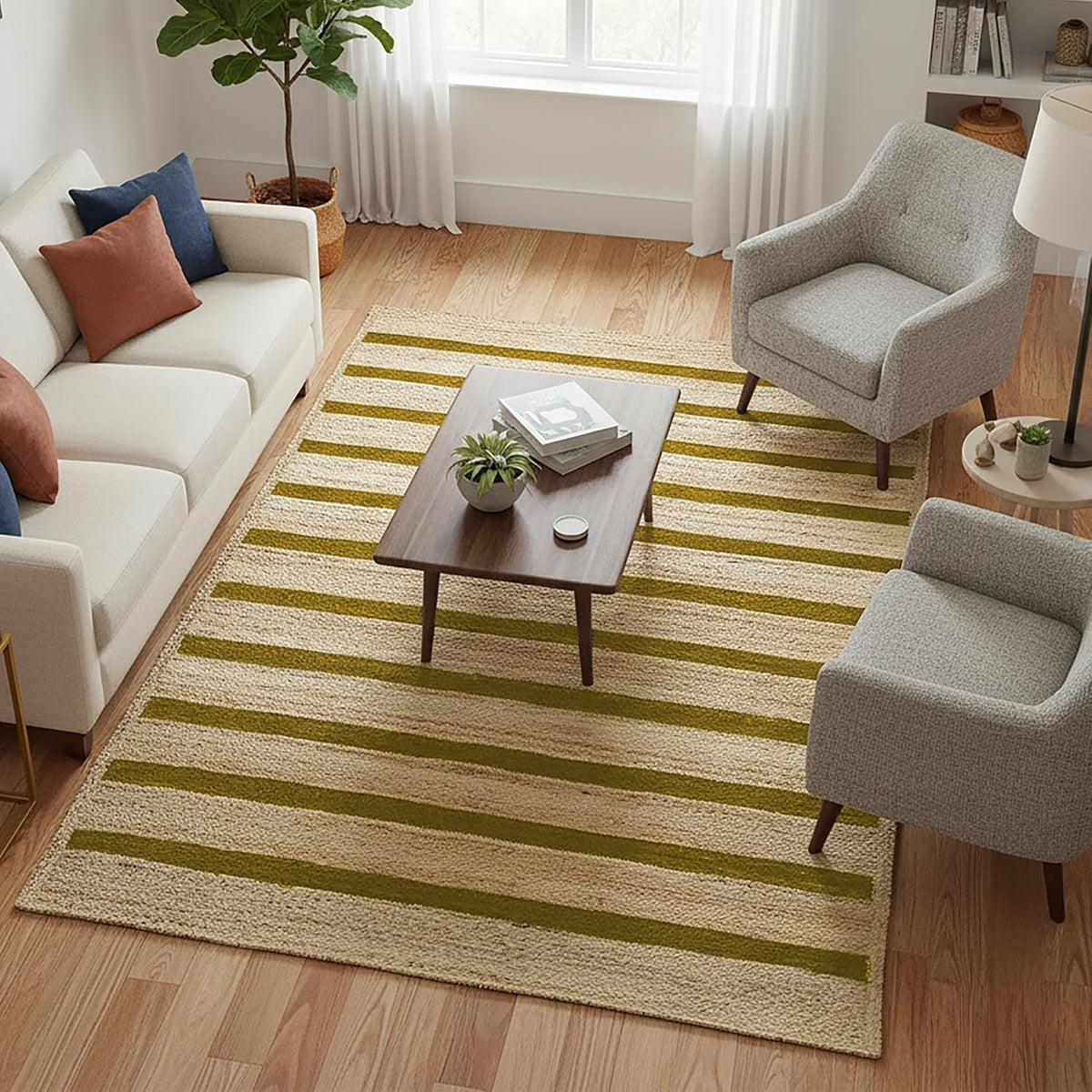 Runner Jute Rug 2.6x8 Hand Woven Jute Braided Yellow Striped Pattern Rug Thick 0.27" Ideal for Runner Areas Rugs for Hallway, Kitchen, Entryways Laundry Boho Carpets Home Décor