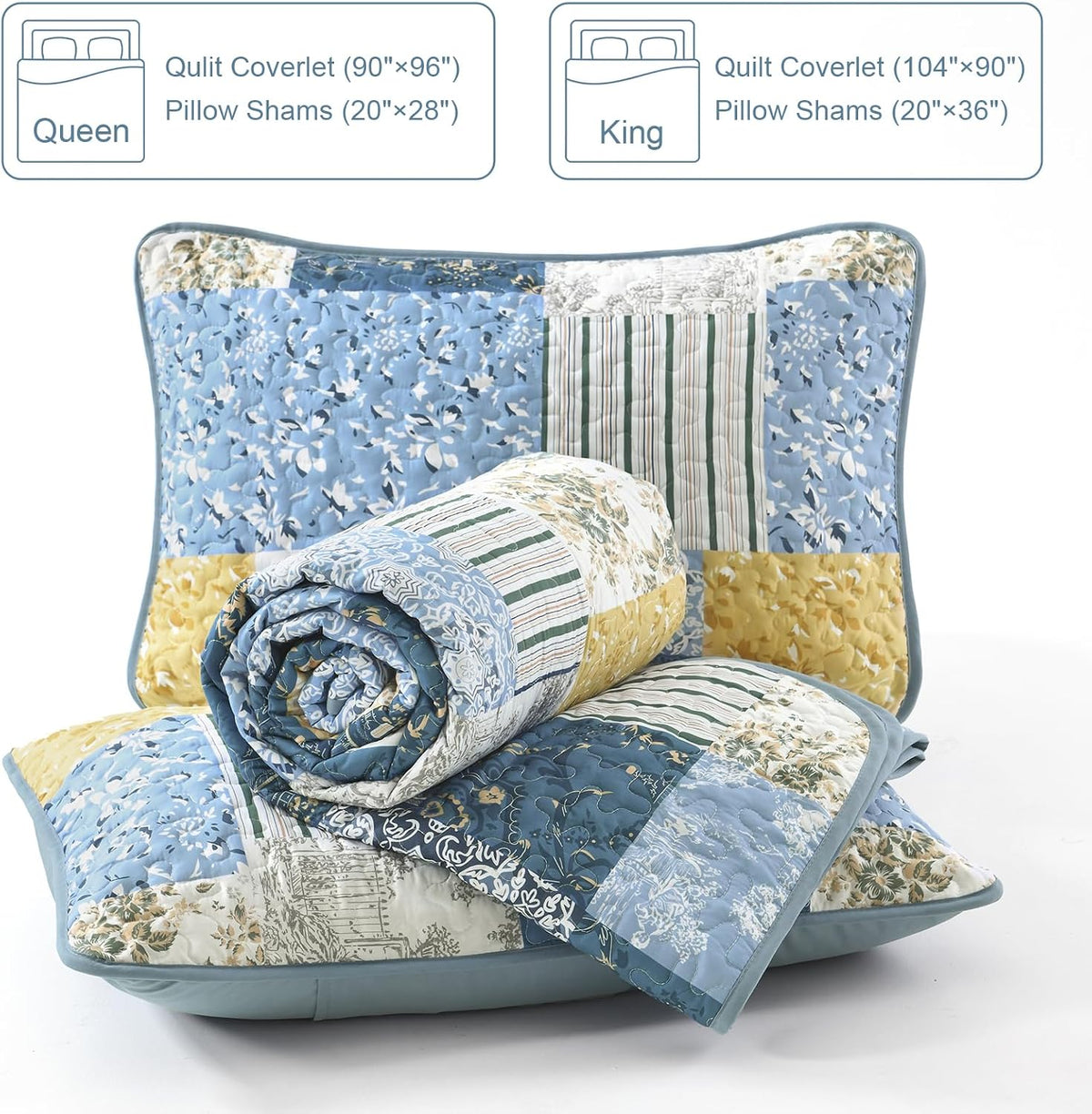 Quilts Queen Size, Blue Yellow Patchwork Pattern Summer Bedspread Bedding Set, 3 Pieces Soft Chic Plaid Coverlet with 2 Pillow Shams for All Season 96x90 Inch