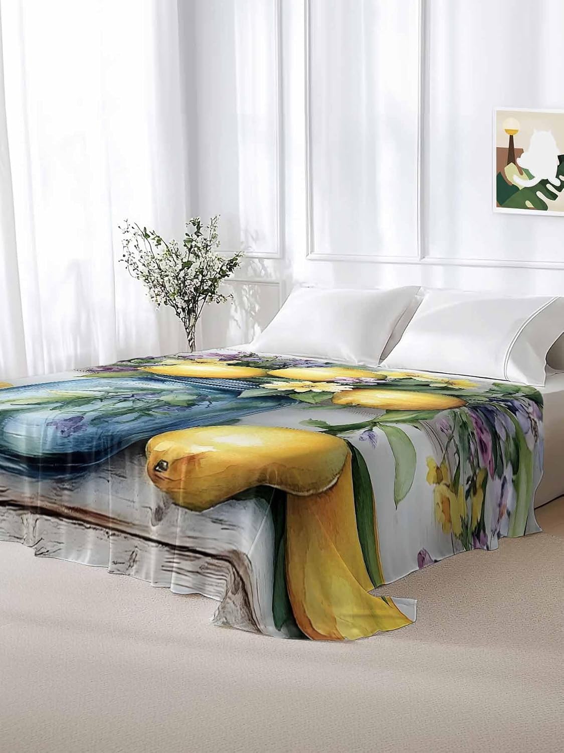 Flat Sheet, 1 Piece Top Sheet Twin Size Yellow Lemon Purple Floral Soft Breathable Bed Sheet Wood Grain Brushed Microfiber Bed Sheet, Wrinkle Resistant, Fade Resistant Bedding
